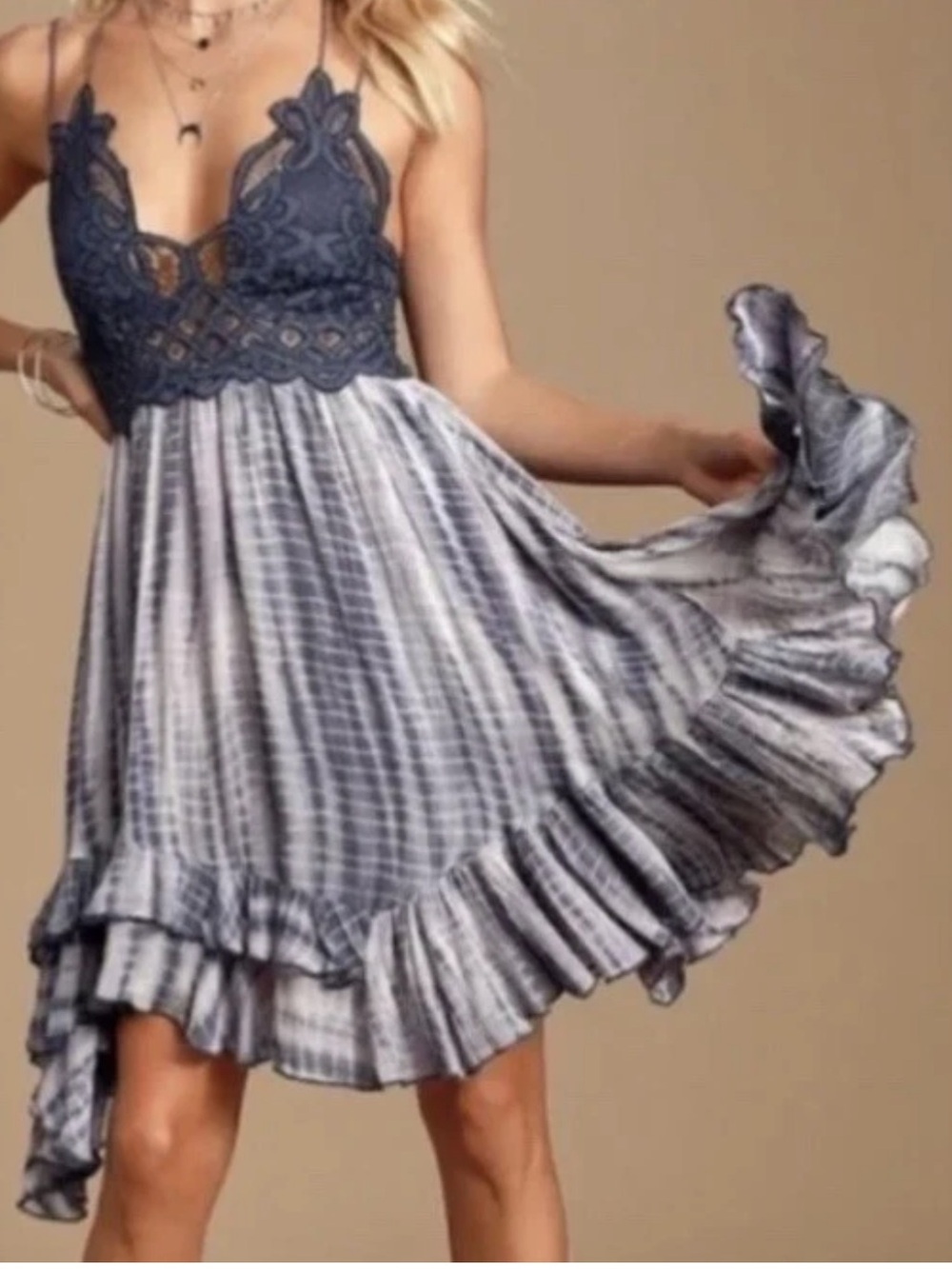 &merci Navy Lace Tie Dye Boho Mini Dress Size Medium Festival Cottagecore